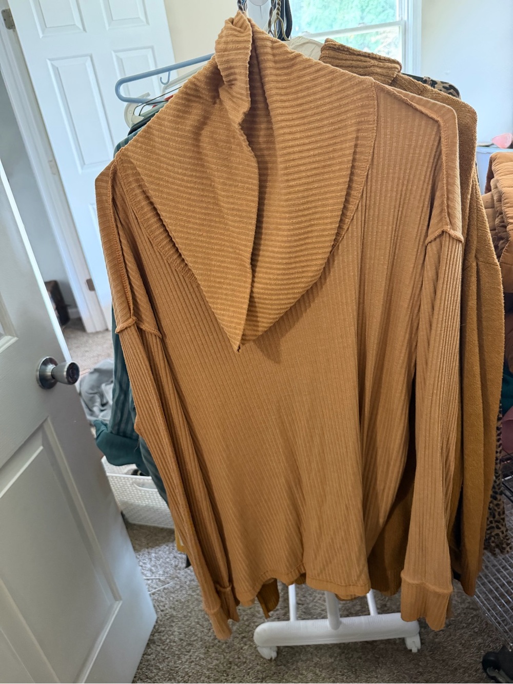 Jane and Delancey Ribbed Hooded Sweater - Camel Brown